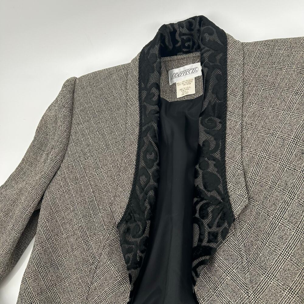 VTG 90s Womens Black Grey Sideffects Glen Check Plaid Velour Paisley Blazer Sz S - Picture 2 of 8